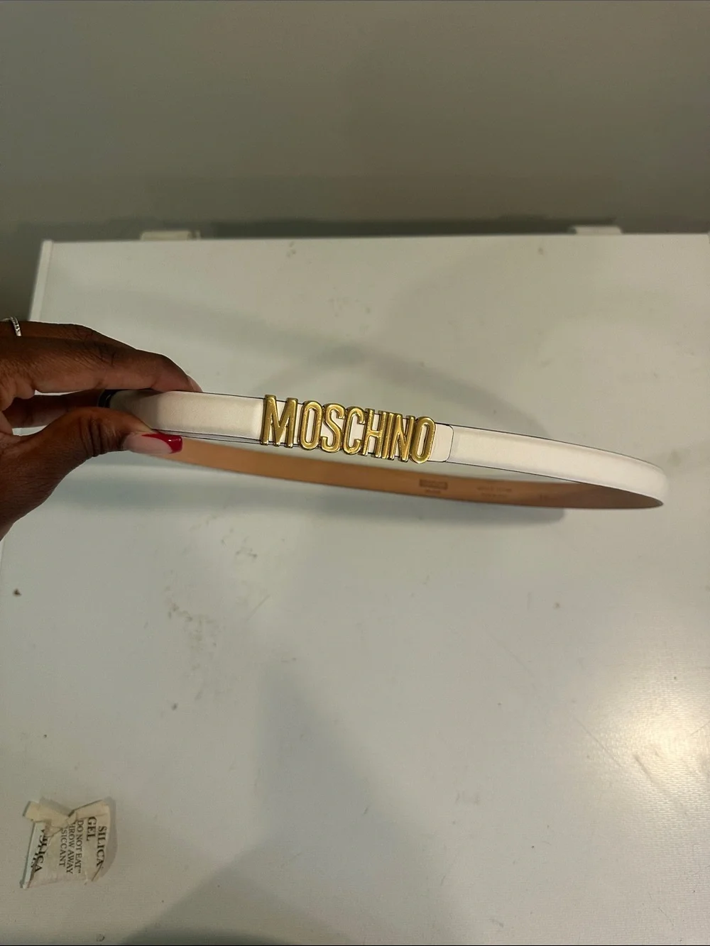 Moschino White Belt with Gold Logo Hardware
